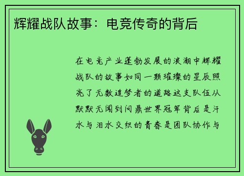 辉耀战队故事：电竞传奇的背后
